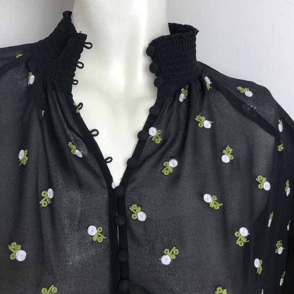 Cabi Black Embroidered Sheer Floral Smocked Neck Blouse Size XS - Picture 6 of 10
